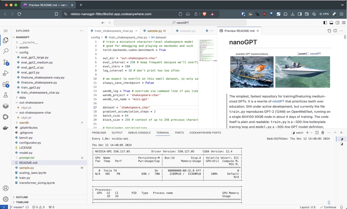 Running nanoGPT training inside Codeanywhere GPU workspace